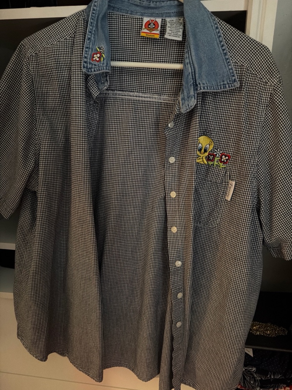 Men's Black & White Gingham Button-Up Shirt with Denim Collar - Tweety Patch